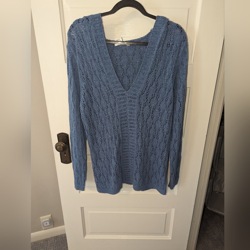 Coldwater Creek blue open knit hoodie sweater size XL